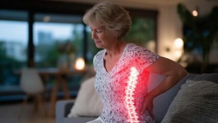 A realistic living room scene depicts a senior woman with a glowing red spinal visualization, highlighting chronic osteoporosis pain.