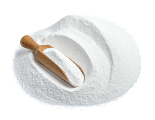White powder pile with wooden scoop