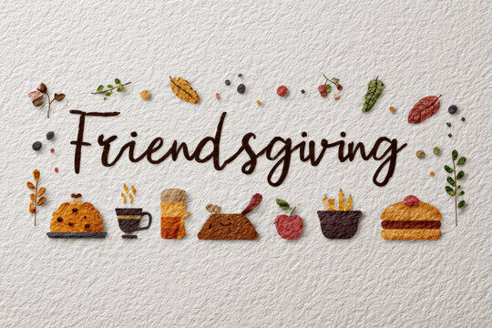 Friendsgiving flat lay with autumn leaves and food a festive gathering concept for social media isolated on white background