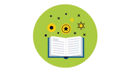 Vector art of open book with magic symbols and stars