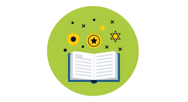 Vector art of open book with magic symbols and stars - Powered by Adobe