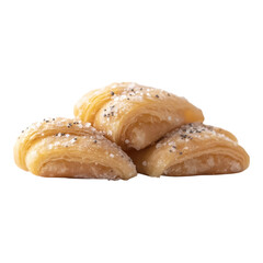 Fototapeta premium Mini croissant rustic edge flaky pastry golden brown sprinkled sugar poppy seed closeup isolated baked delicious snack breakfast dessert sweet homemade fresh bakery European French crispy layered