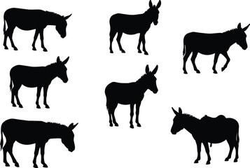 Donkey silhouettes, farm animal vector, standing donkey, walking donkey, loaded donkey, livestock outline, rural transport, working mule, agriculture art, wildlife illustration