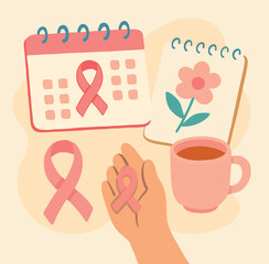 A hand holds a pink ribbon on a table against a background of a calendar, a cup, and a pink ribbon. This symbolizes awareness and support for health initiatives and community engagement.