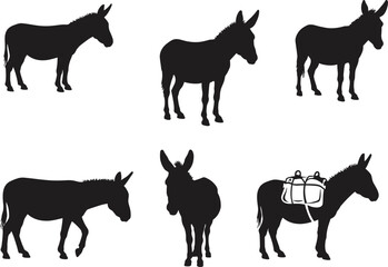 Donkey silhouettes, farm animal vector, working donkey, loaded donkey, pack mule symbol, livestock outline, rural transport, wildlife art, agriculture illustration, journey icon