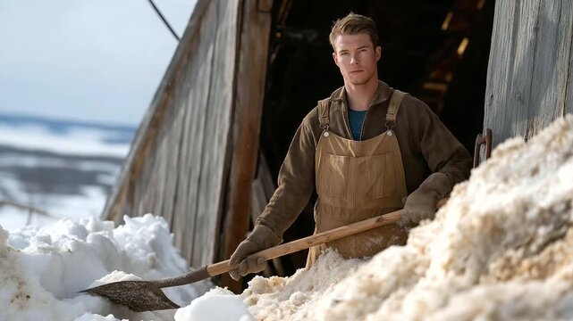 A farmer, their overalls stiff, shovels snow from a barn entrance, the shovel&rsquo;s blade scraping wood. Snow, heavy and wet, piles beside the door, its hinges rusted. A pitchfork, its tines bent,