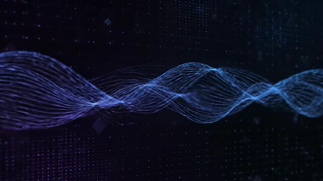 Cinematic seamless loop of deep indigo and electric blue energy flow, simulating quantum data streams moving fluidly across a textured dark futuristic background.