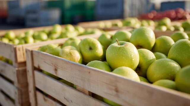 Morning light highlights ripe apples in wooden crates on a flatbed truck, ready for market transport.