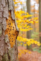 Close up of autumn forest tree bark showcasing burnt wood colors, surrounded by vibrant yellow leaves and soft blurred background, capturing the essence of fall