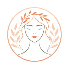 Elegant woman portrait logo with leaves crown beauty salon, spa, fashion, cosmetics, jewelry or organic products brand identity