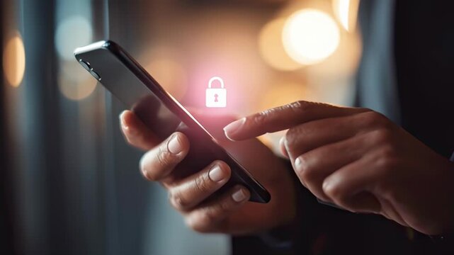 Mobile banking login: hands authenticate on a smartphone lock screen with passcode dots; crisp neutral loop for fintech, payments, and security UX demos