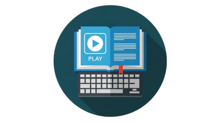 Vector art of online education concept with video course and keyboard on dark background