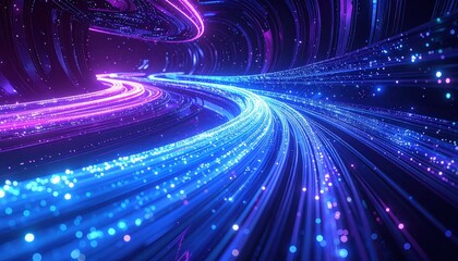 Glowing fiber optic cable network displaying digital information flow