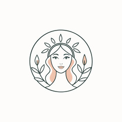 Elegant woman portrait logo with leaves crown isolated on white background beauty salon, spa, cosmetics, jewelry brand identity