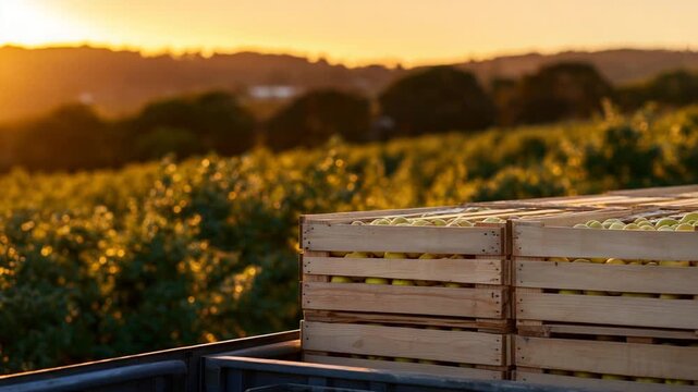 Capture the essence of harvest with a golden-hour image of a truck laden with wooden crates of apples, set against fading orchard rows.