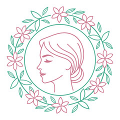 Elegant woman in a floral wreath isolated on white background beautiful female face in profile with flowers and leaves around