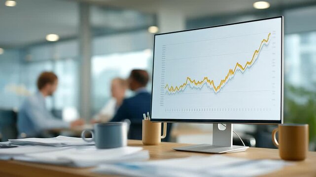 A business intern analyzes market trends in a corporate office with graphs on screens, reports stacking, coffee mugs scattered, and executives discussing strategies, depicted in a analytical photo