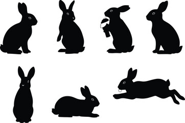 Rabbit silhouette collection, bunny poses vector, carrot eating rabbit, leaping hare clipart, wildlife animal graphic, Easter design, black bunny art, nature illustration