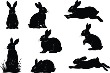 Rabbit silhouette collection, black bunny poses, leaping hare vector, sitting rabbit clipart, wildlife illustration, Easter design, animal graphic, nature art