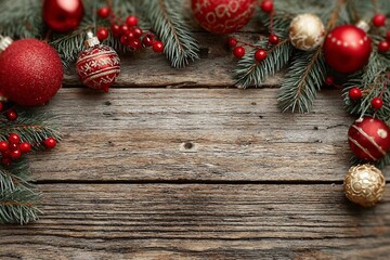 Fir-tree branches with christmas decorations on wooden table