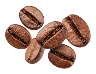 Roasted coffee beans, close-up, isolated on black.  A cluster of dark brown coffee beans,  showing their textured surfaces and characteristic grooves, appears to be suspended in mid-air