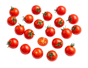 A cluster of vibrant red cherry tomatoes, some halved,  against a black background