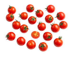 A cluster of vibrant red cherry tomatoes, some halved,  against a black background