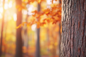 Fototapeta premium Close up of autumn forest with vibrant burnt wood colors, showcasing textured tree bark and blurred background of golden foliage, creating a warm seasonal atmosphere