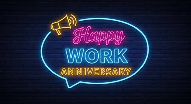 Neon sign displaying 'Happy Work Anniversary' on a brick wall. Celebratory banner with glowing text, ideal for office celebrations. Milestone, corporate event, employee recognition.