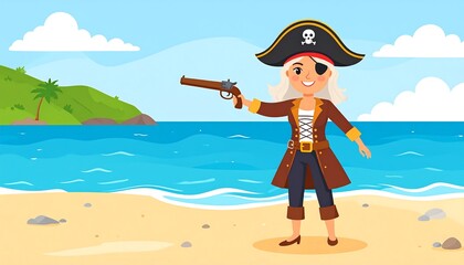 Cartoon Illustration of a Pirate Girl with a Gun on a Beach