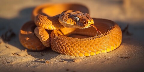 Fototapeta premium Golden Desert Snake Coiled in Sand at Sunset