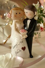 A figurine of bride and groom in wedding attire, used as decoration for a wedding table or cake, symbolizing love, joy, and union.