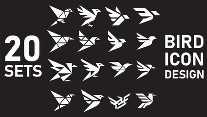 Modern geometric abstract bird icon designs collection twenty sets for branding and graphics