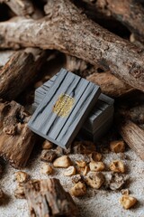 Luxury branding mockup featuring elegant burnt wood business cards surrounded by natural textures and earthy elements, ideal for showcasing sophisticated design concepts with copy space