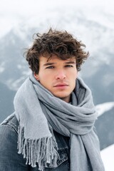 Young man with curly hair wearing a gray scarf and denim jacket stands outdoors in winter landscape, showcasing stylish winter fashion in a snowy environment