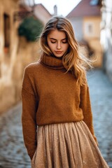 Stylish woman in a burnt wood turtleneck sweater stands on a cobblestone street, showcasing a blend of fashion and urban charm, with soft sunlight illuminating her features