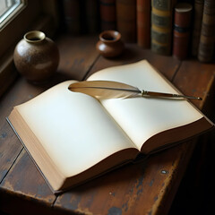 Vector art of antique book with feather quill on wooden table near window and old books