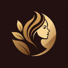 Golden beauty logo design featuring a womans profile with leaves, symbolizing luxury beauty and wellness concept
