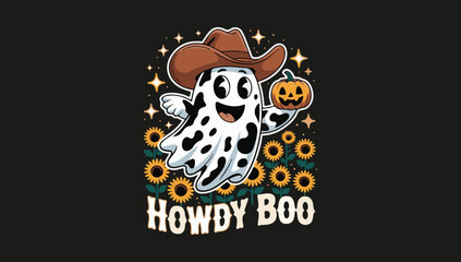 Spooky cowboy ghost howdy boo pumpkin sunflowers halloween t shirt design