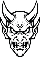 Angry devil face with horns in black and white outline