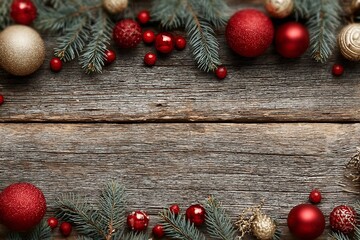 Fir-tree branches with christmas decorations on wooden table