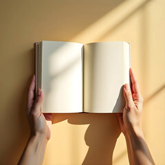Vector art of open book held by hands with blank pages and sunlight on a yellow surface