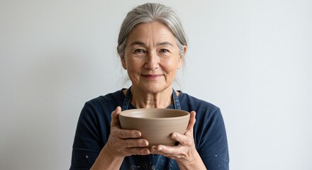 Happy Elderly Woman Holding Handmade Ceramic Bowl Isolated on Transparent Background Crafting Joy