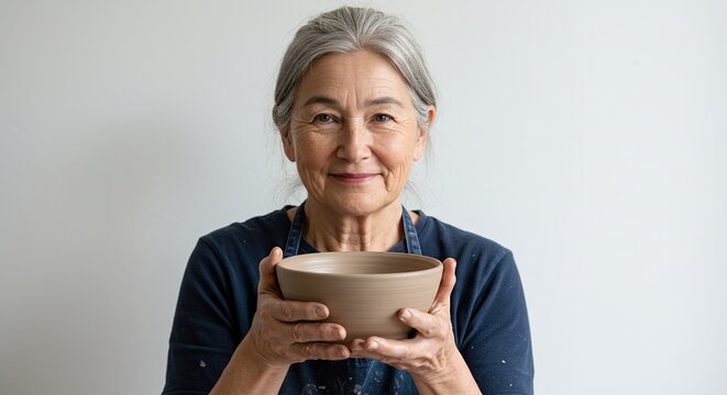 Happy Elderly Woman Holding Handmade Ceramic Bowl Isolated on Transparent Background Crafting Joy - Powered by Adobe