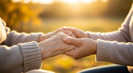 Closeup of two people holding hands in a comforting and supportive manner