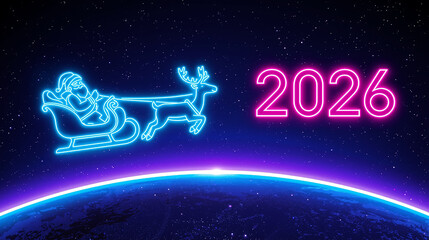  Futuristic Santa Claus Sleigh with Reindeer and Neon 2026 Sign in Space