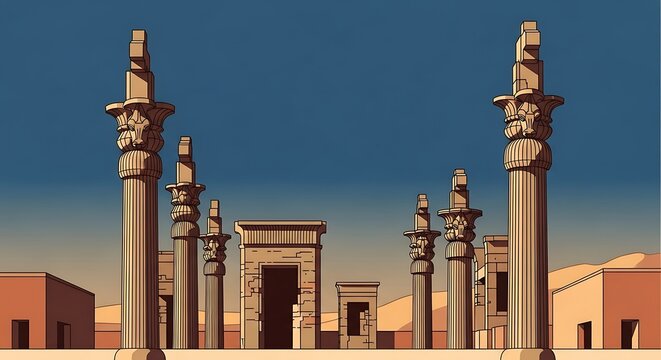Ancient Persian City Ruins with Towering Columns Under a Clear Sky.