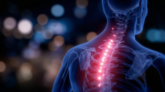 Educational anatomy chart highlighting the human skeletal system with detailed focus on spine pain points and treatment methods.