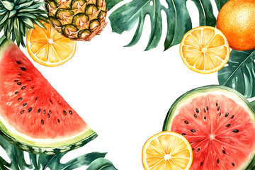 Watercolor illustration featuring vibrant watermelon, citrus slices, and pineapple surrounded by lush monstera leaves, creating a fresh and tropical concept with ample copy space for design