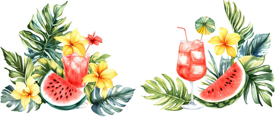Watercolor illustration featuring refreshing summer cocktails with vibrant tropical flowers and watermelon slices, ideal for print design and seasonal projects with a cheerful ambiance